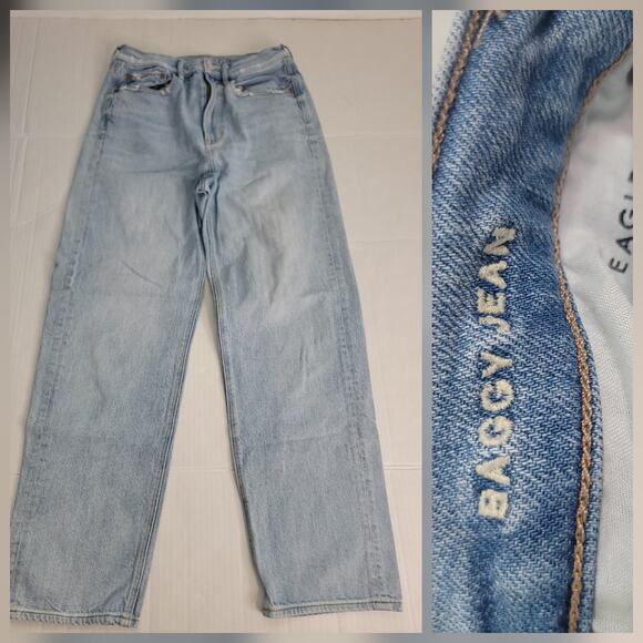 AMERICAN EAGLE Jeans 6 Short Baggy Straight Drapey High Rise Distressed Rigid - Picture 1 of 9